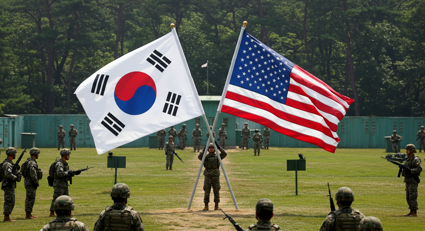 현대적인 한국과 미국 국기가 얽혀 있는 모습, 비무장지대와 군인들이 배경에 있어 외교적 긴장감을 상징함