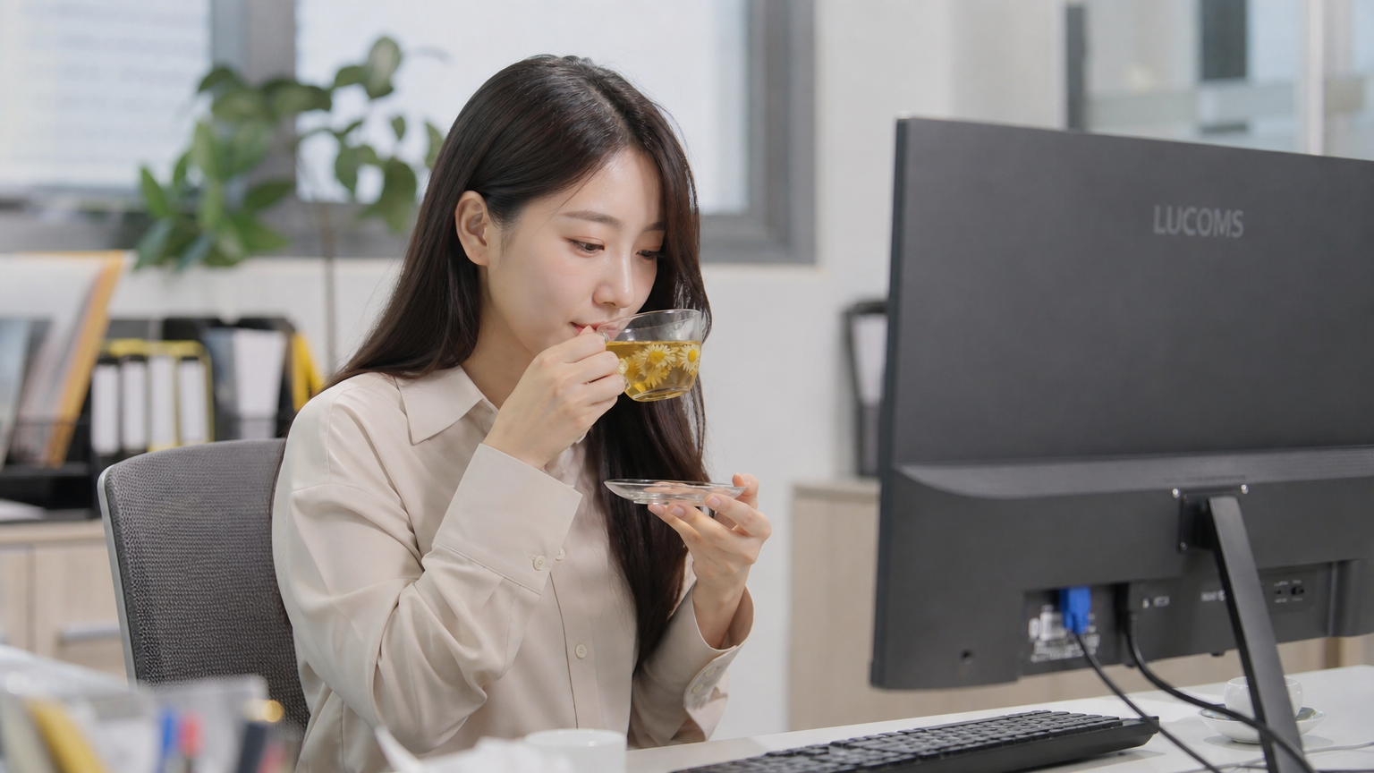 사무실에서 스트레스를 풀기 위해 캐모마일 차를 마시는 직장인