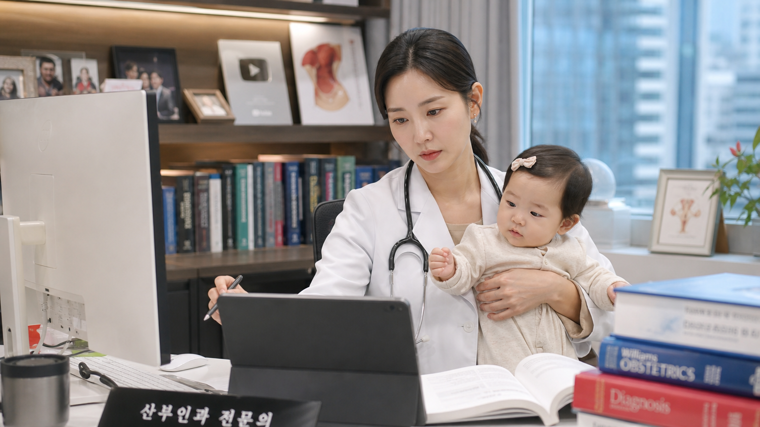 현대적인 사무실에서 다양한 역할을 소화하는 바쁜 워킹맘 모습