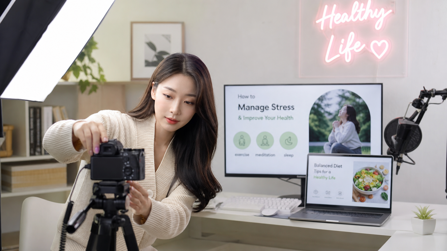 홈 스튜디오에서 유튜브 영상을 준비하는 여성 모습
