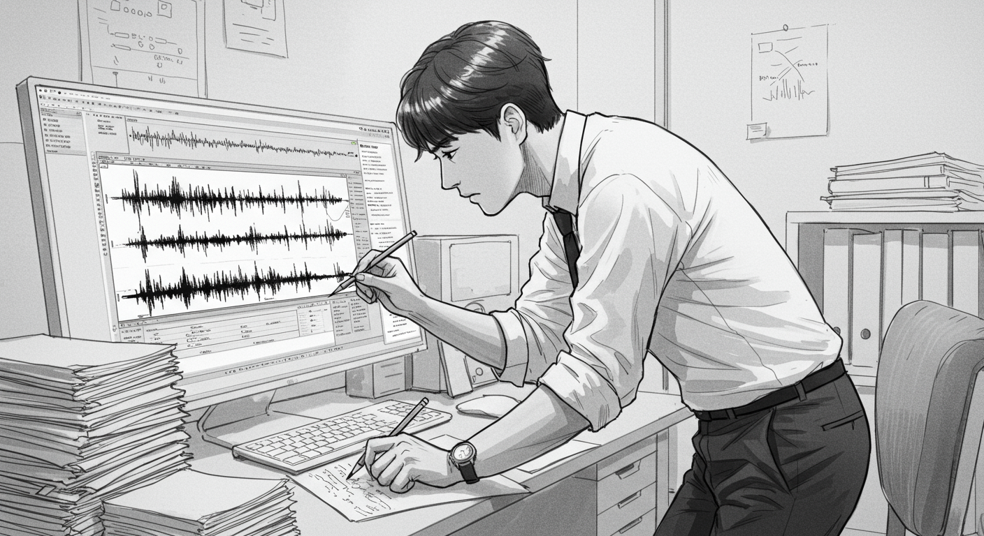 컴퓨터 화면으로 대량의 오디오 파일을 분석하며 중요한 시간을 표시하는 한국 사무직 근로자