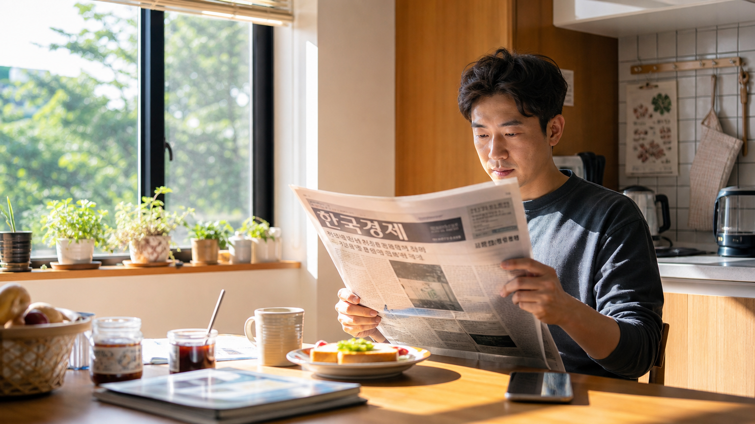 아침 햇살이 비치는 주방에서 신문을 읽는 현대 한국 남성