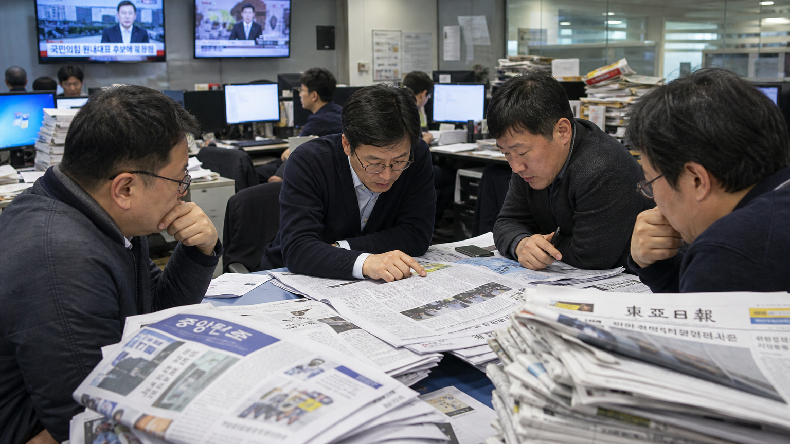 정치 기사에 대해 집중적으로 논의하는 뉴스룸의 한국 기자들
