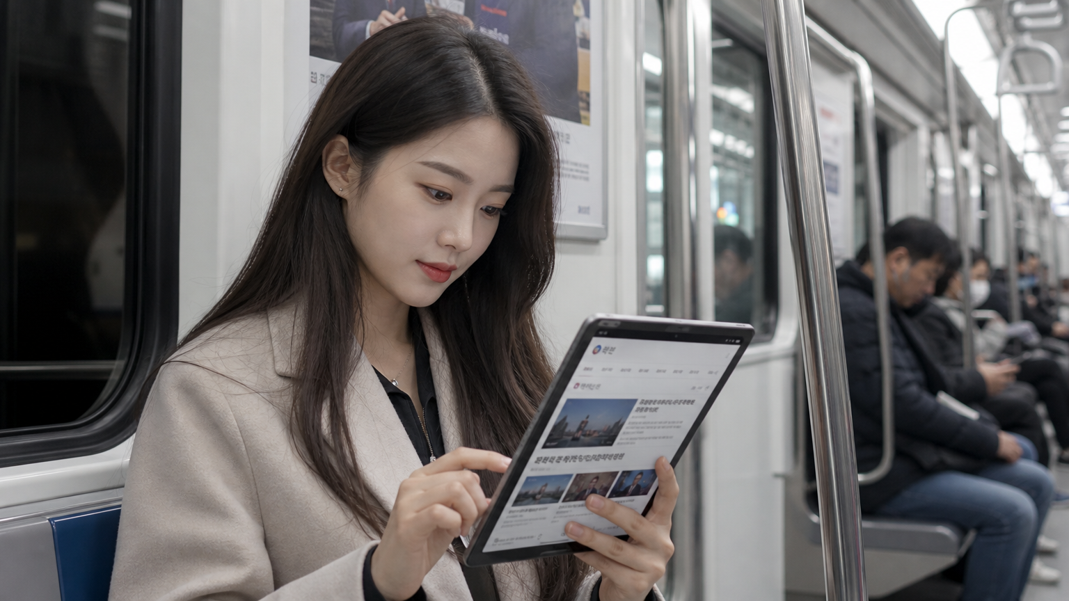 지하철에서 태블릿으로 뉴스를 보는 젊은 여성