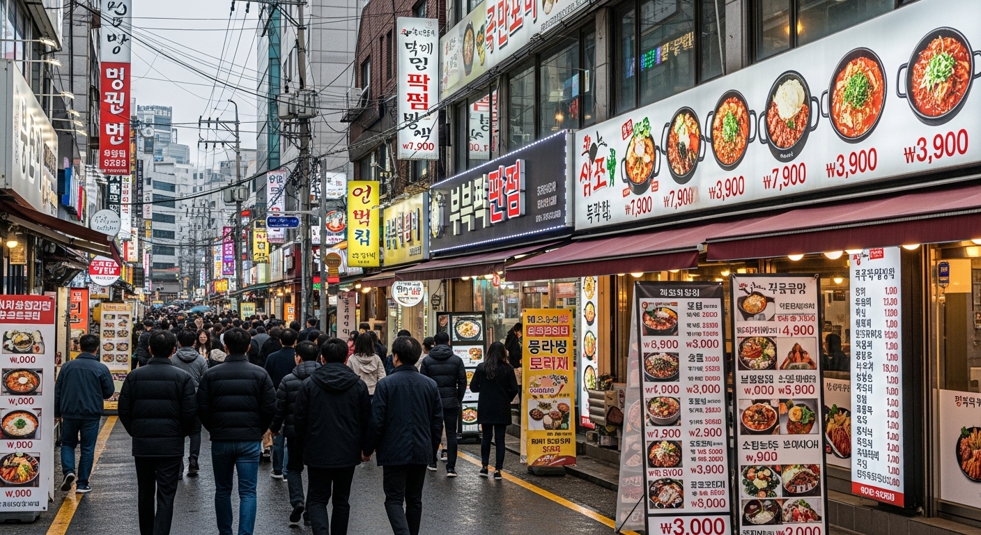 한국의 번화한 거리에서 사람들이 식당 메뉴와 가격을 보며 걷는 모습