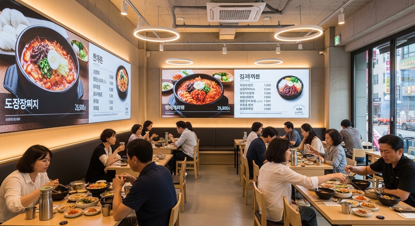 현대적인 한국 식당 내부에서 손님들이 전통 된장전골을 즐기는 모습