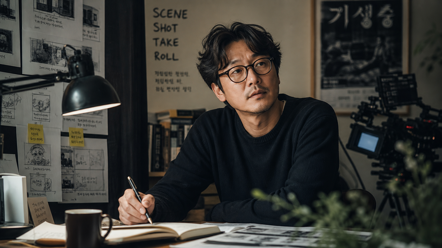 스토리보드와 영화 장비로 둘러싸인 창작 공간에서 집중하는 한국 영화감독의 초상