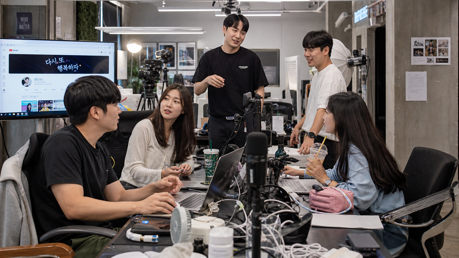 디지털 작업 공간에서 창작 활동 중인 한국 콘텐츠 크리에이터들의 모습