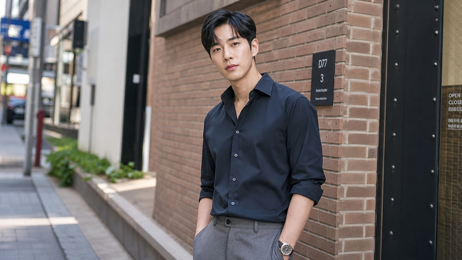 도시 거리에서 스마트 캐주얼 복장을 입고 있는 세련된 남성의 모습