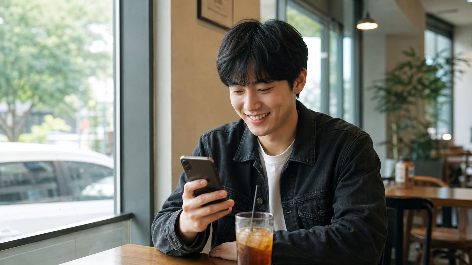 젊은 남성이 캐주얼 복장을 하고 카페에서 스마트폰을 보며 미소 짓고 있는 모습