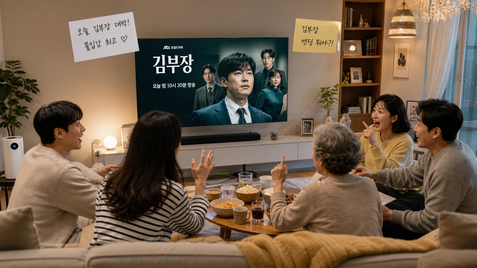 가족이 거실에 모여 앉아 드라마 '김부장'을 시청하며 활발한 대화를 나누는 모습