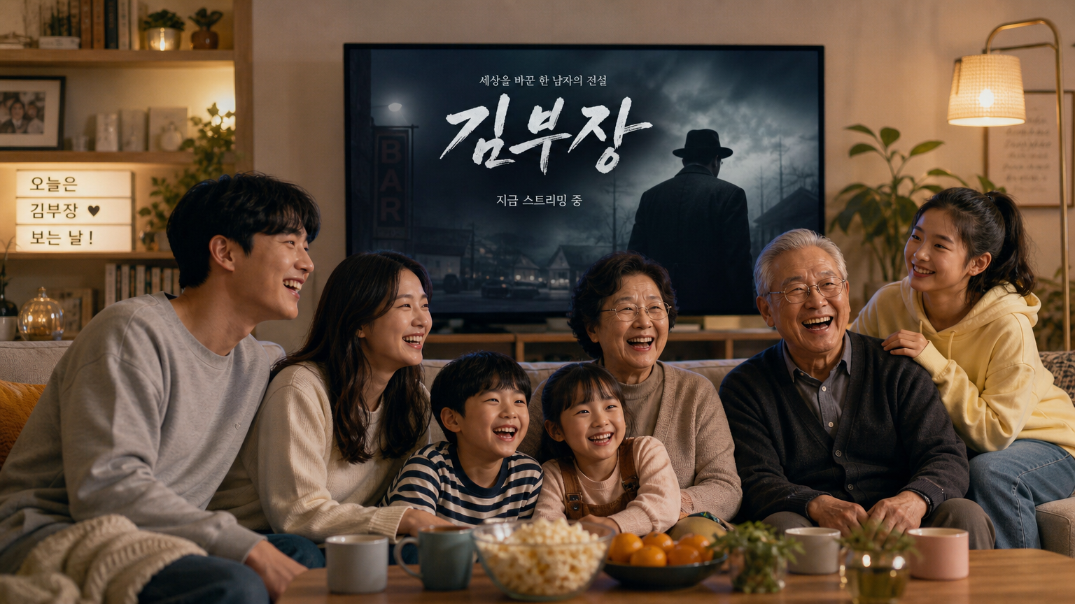 다양한 연령대의 가족들이 집에서 함께 김부장을 보는 모습