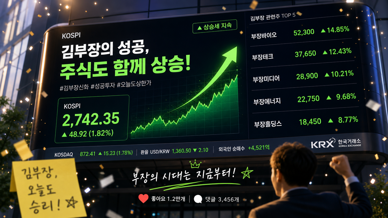 김부장의 성공으로 주식 가격이 상승하는 증권 시장 전광판