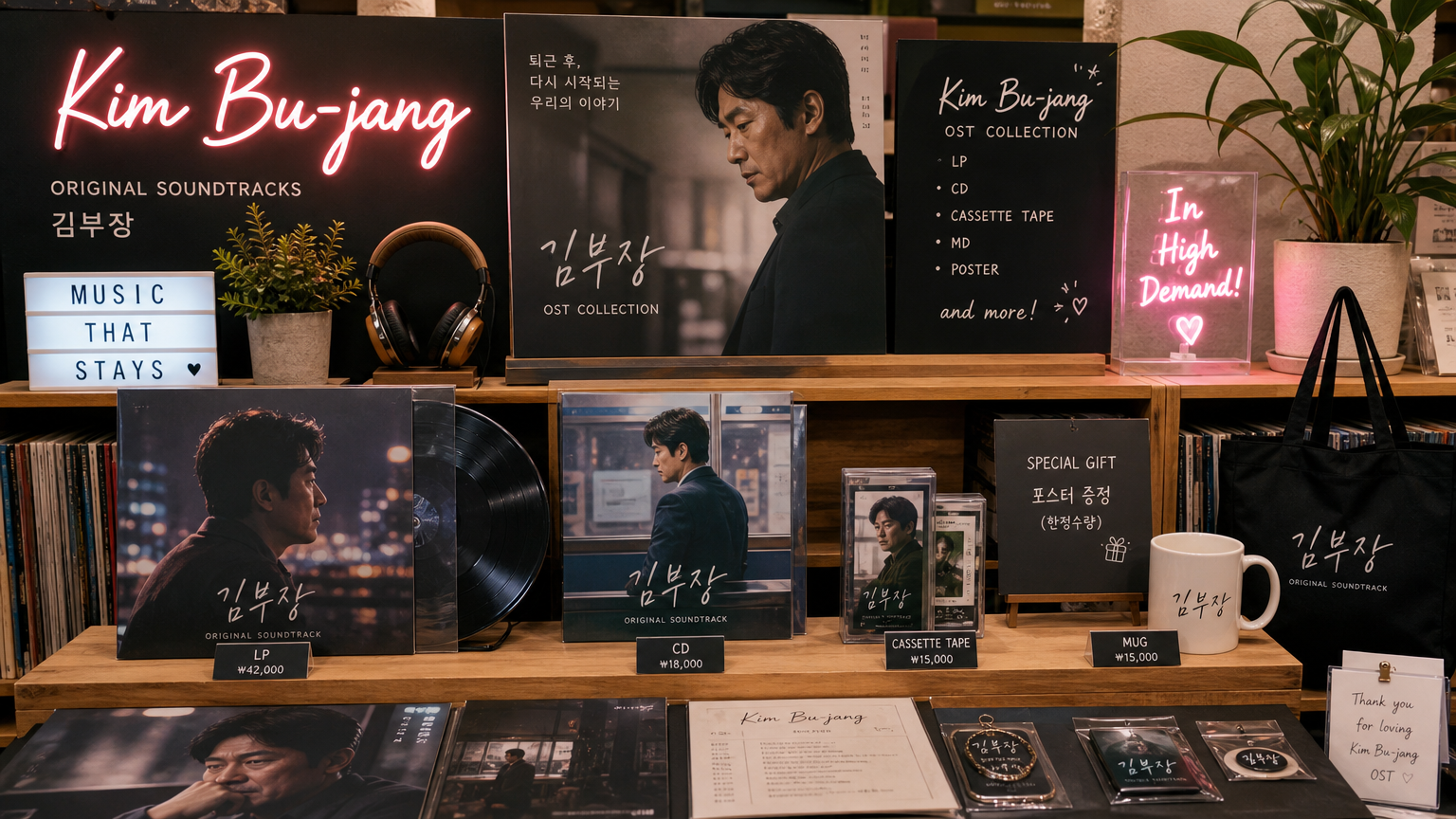 음반 매장에서 판매 중인 인기 있는 김 부장의 OST 앨범 커버 및 관련 상품