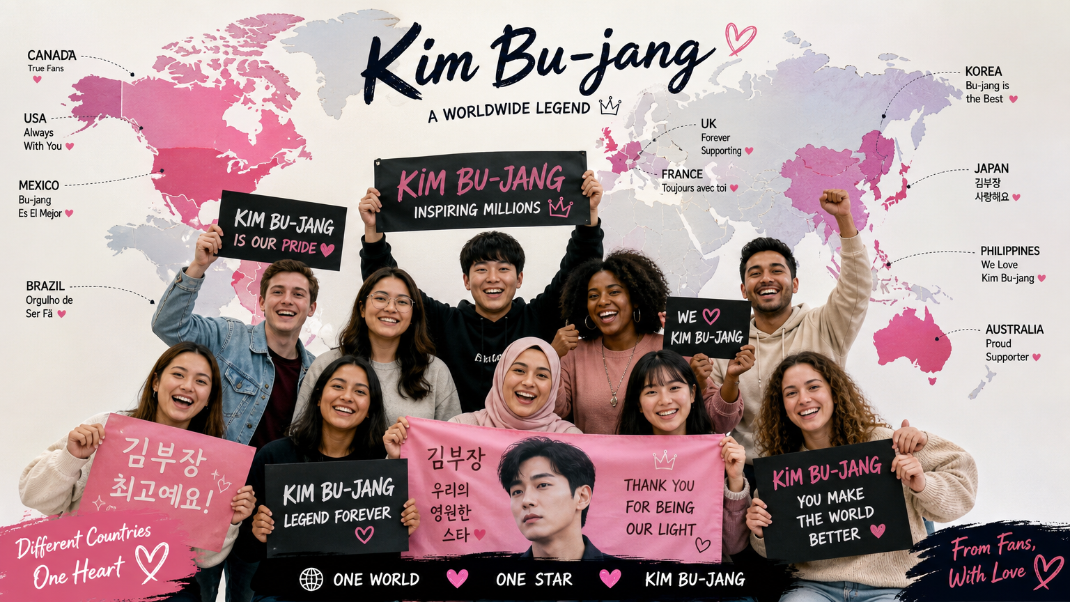 세계 지도 앞에서 다양한 국적의 팬들이 ‘김 부 장’ 배너를 들고 있는 모습