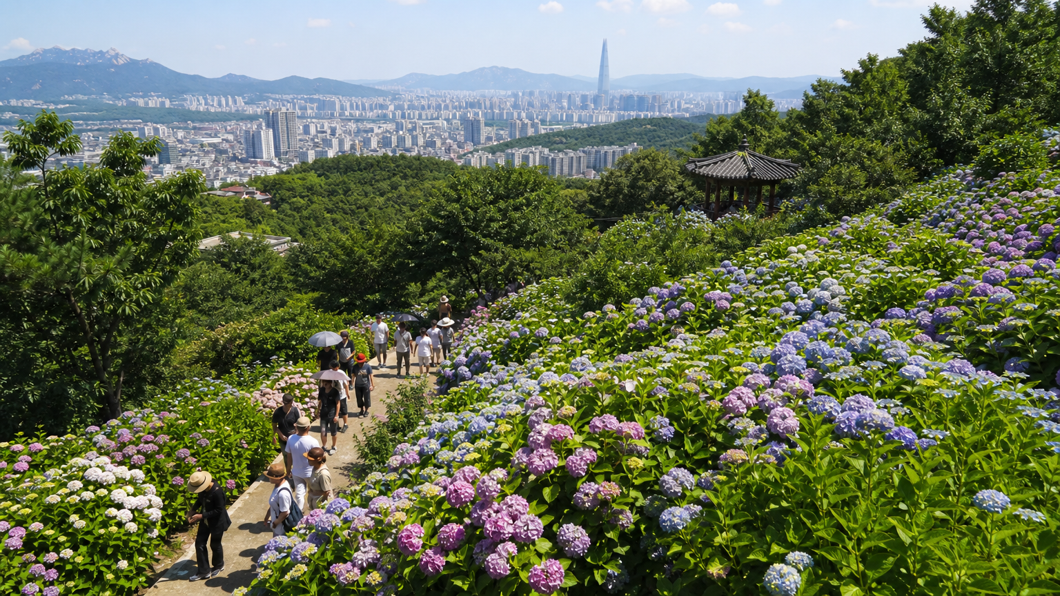 여름날 서울 노원구 초안산에서 만개한 화려한 수국