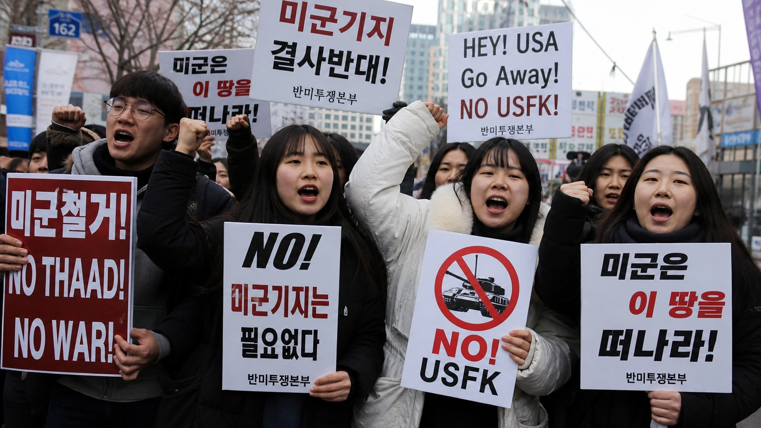 젊은 활동가들이 거리 시위 중 미국 군사 주둔 반대를 외치는 장면
