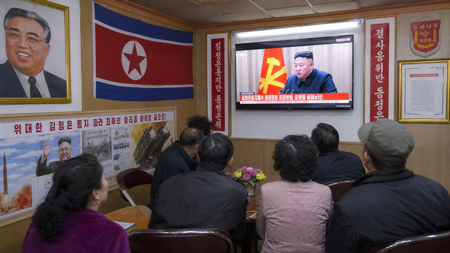 김정은 관련 영상을 보는 사람들이 모인 공간에 북한 상징이 있는 모습