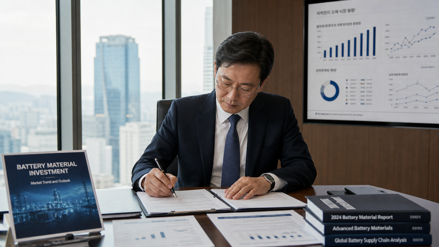 사무실에서 배터리 소재 투자 관련 문서를 검토하는 비즈니스 임원