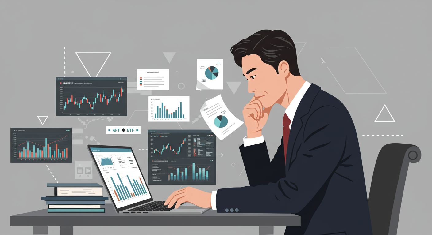 한국 투자자가 책상에서 노트북으로 국내외 ETF를 비교하는 모습