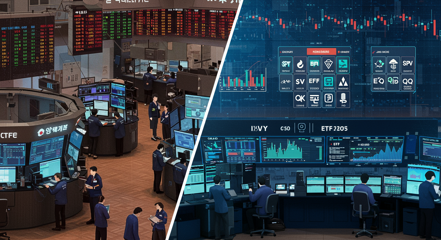 한국과 미국 증권시장에서의 ETF 거래 장면을 보여주는 분할 화면