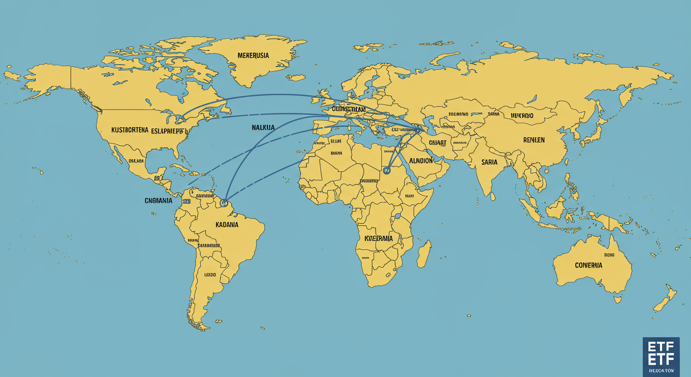 다양한 국제 ETF 조각들이 세계 지도 퍼즐에 맞춰지는 모습