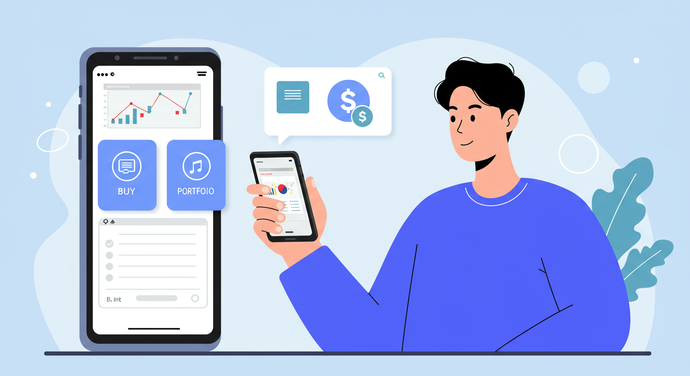 스마트폰 앱으로 간편하게 ETF를 거래하는 한국인의 모습