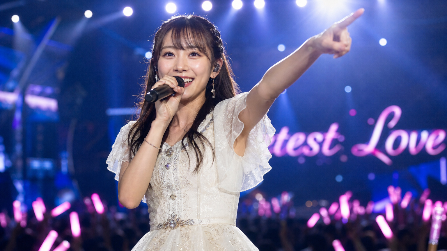 'Sweetest Love' 공연 중인 일본 가수가 무대 위에서 관중들의 환호를 받으며 역동적인 포즈를 취하는 모습