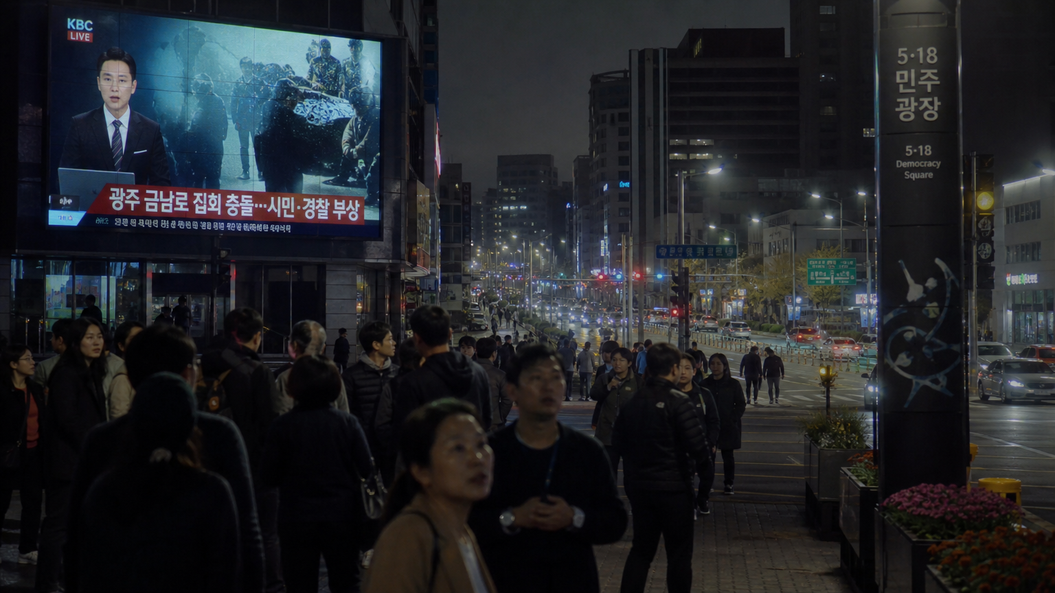 광주의 어두운 도시 풍경과 걱정스러운 표정의 사람들이 있는 거리