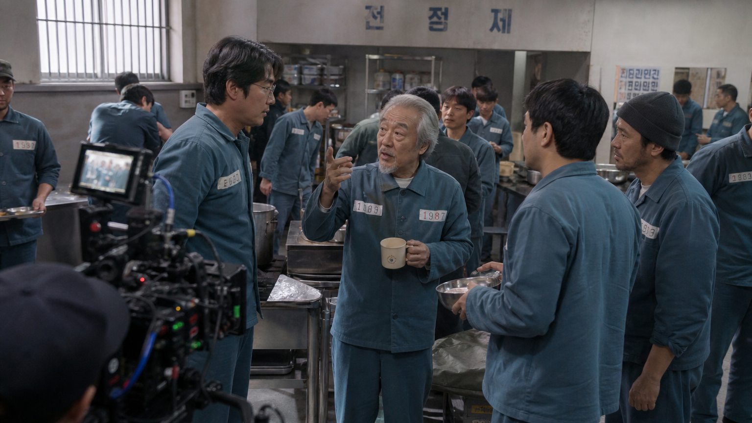 교도소 주방 세트에서 배우들이 분주히 움직이는 모습