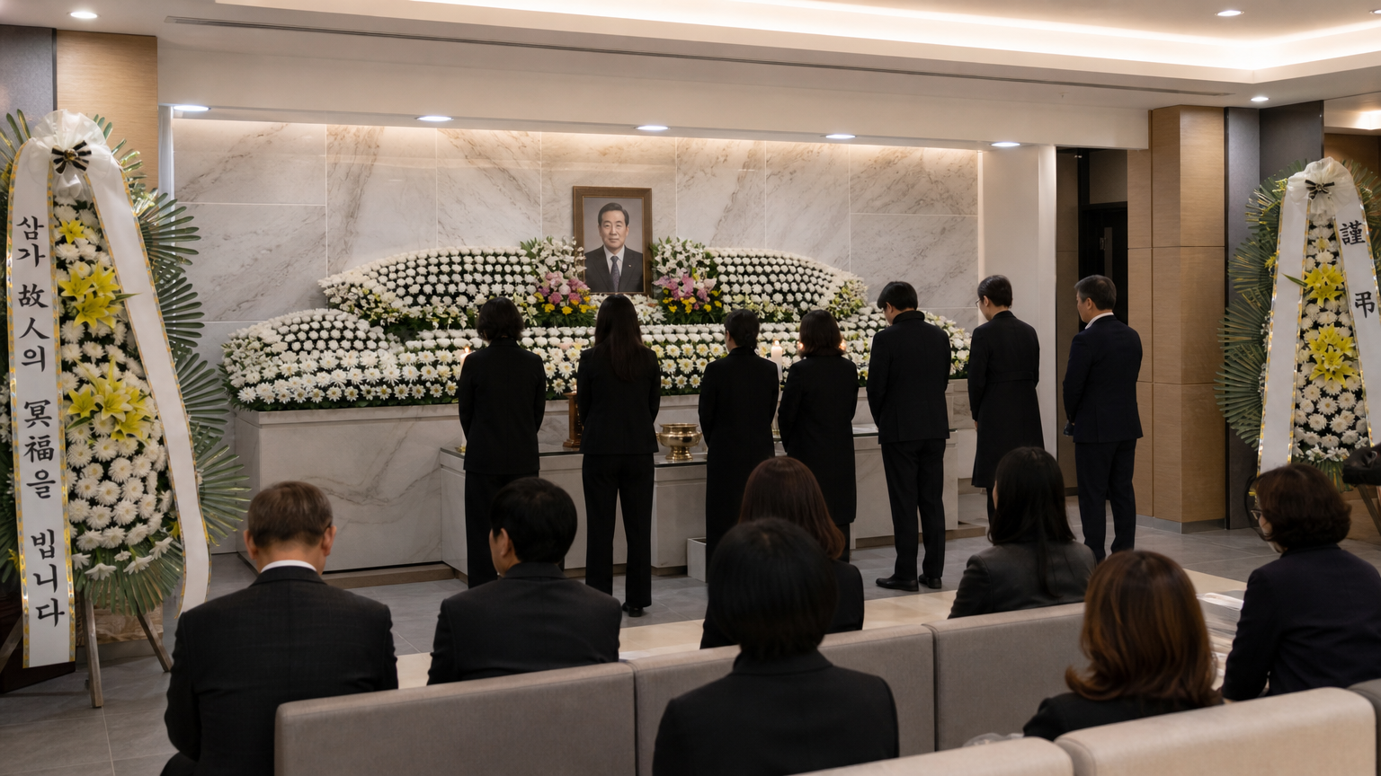 현대적인 장례식장에서 고인을 추모하며 꽃으로 경의를 표하는 모습