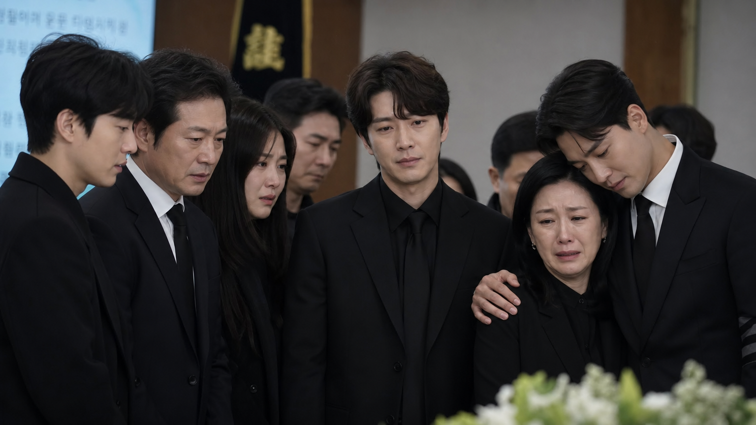 추모식에서 함께 모여 슬픔과 우정을 나누는 한국 배우들