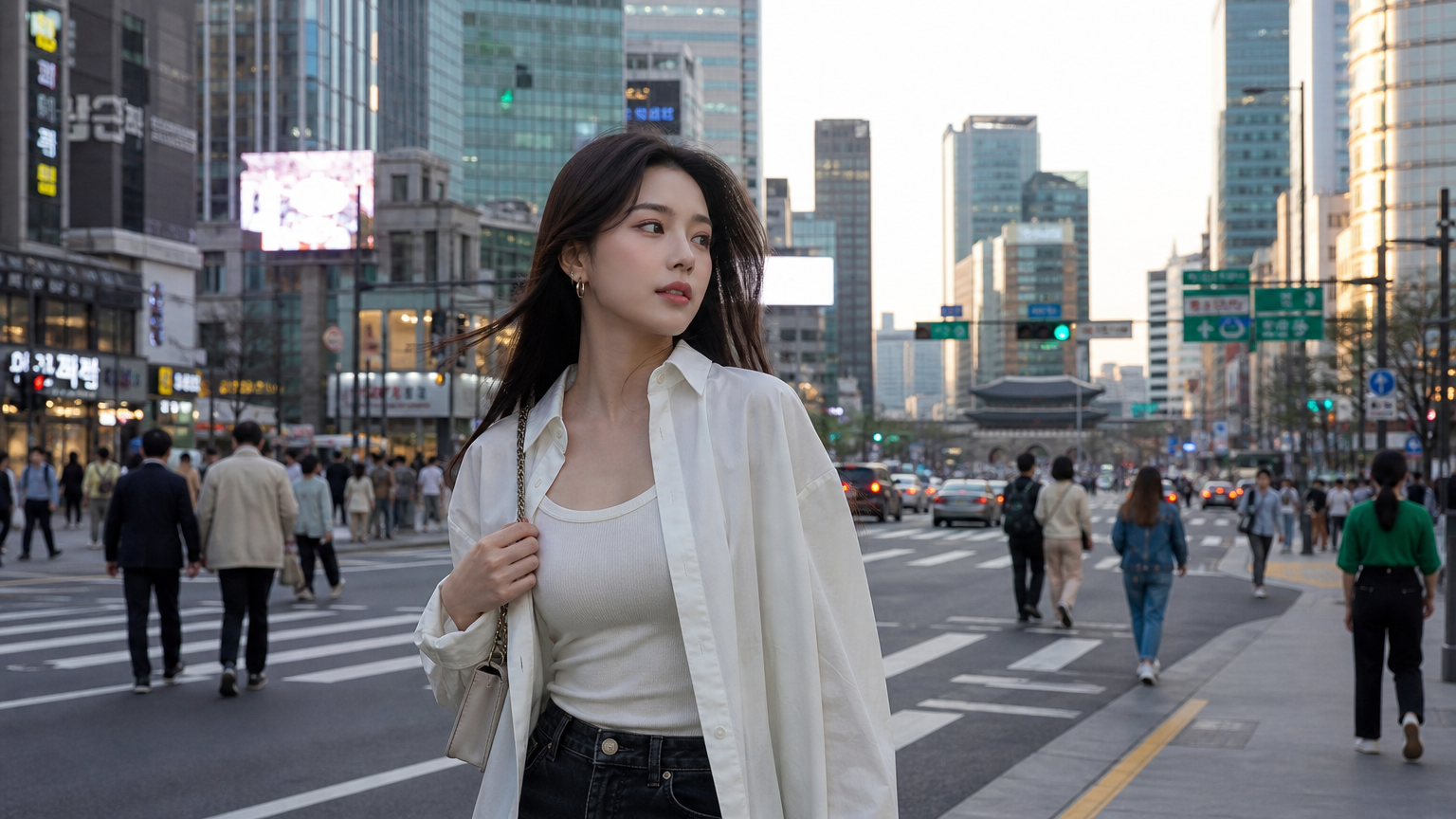 유행 패션을 입고 도시 거리에서 걷는 스타일리시한 여성