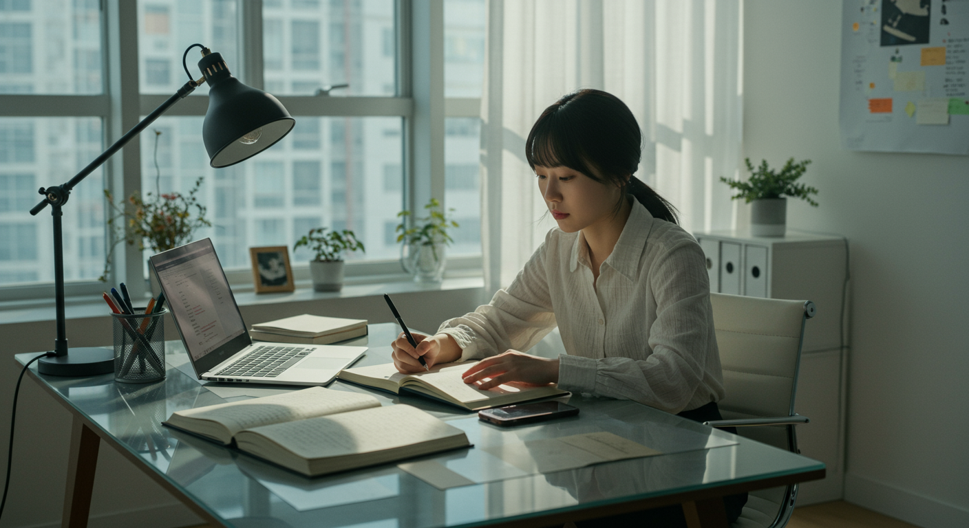 현대적인 서울 아파트에서 책상에 앉아 아이디어를 고민하는 작가의 모습.