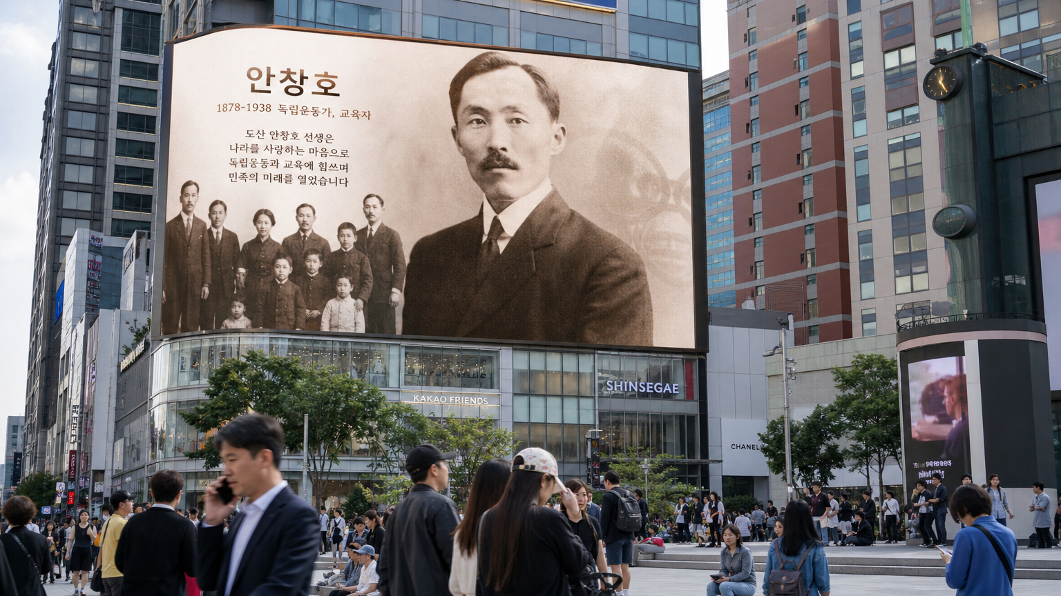 현대 한국 도시에서 전자 광고판에 나타난 안상호 관련 이미지와 사람들