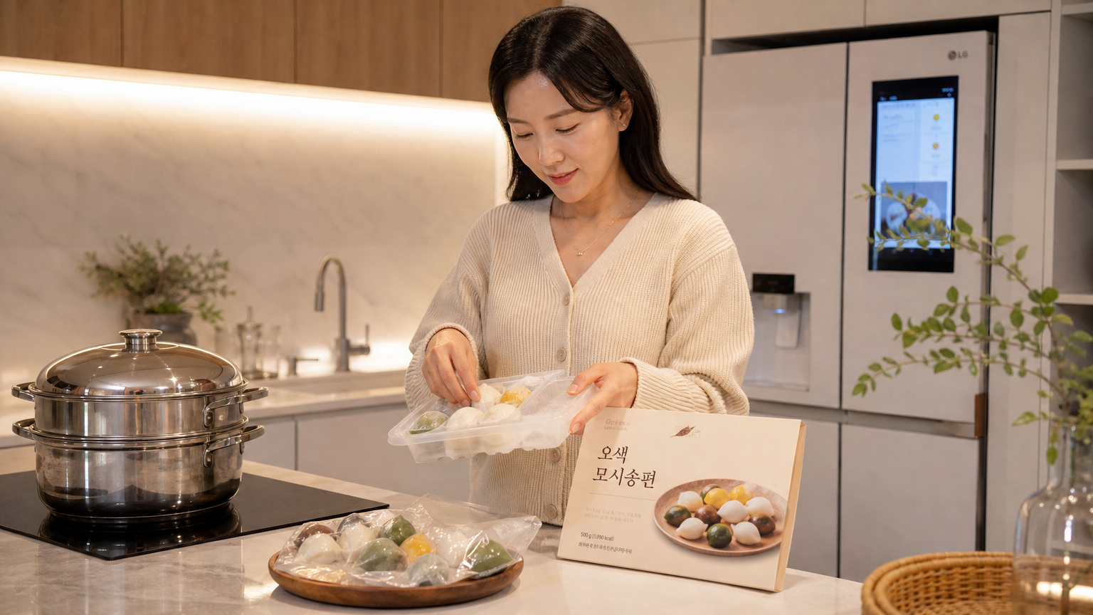 30대 여성이 한국식 주방에서 냉동 모시송편을 준비하는 모습