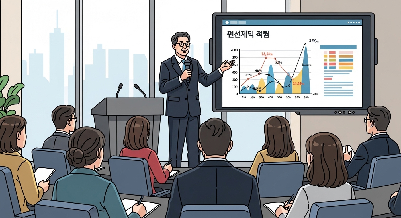 정부 관계자가 사무실에서 연금 개혁 그래프를 설명하는 모습