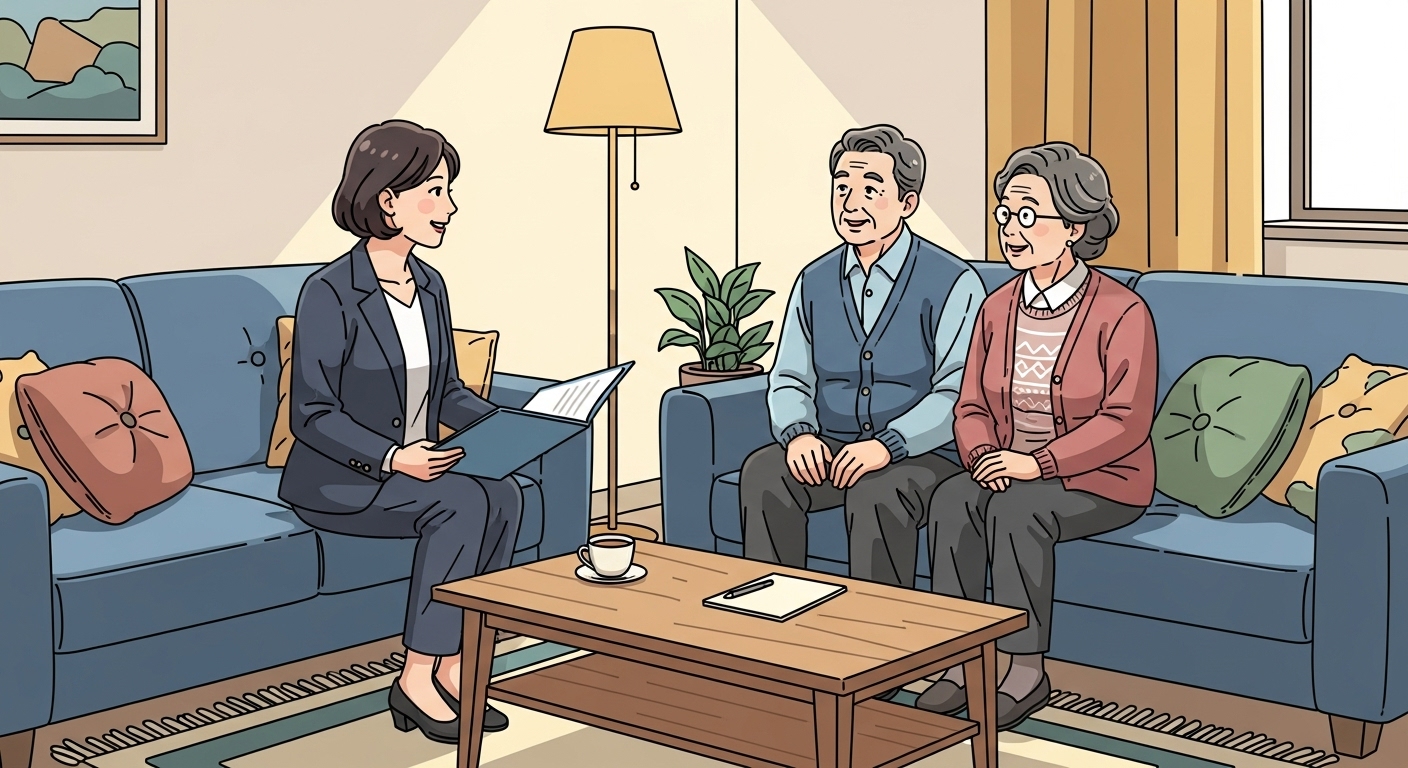 재정 상담사가 집에서 중장년 부부에게 은퇴 자금 변화를 설명하는 장면