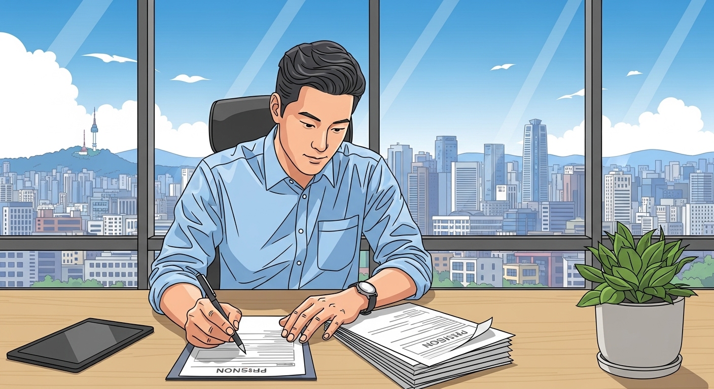 서울 스카이라인이 보이는 사무실에서 연금 서류를 확인하는 근로자의 모습
