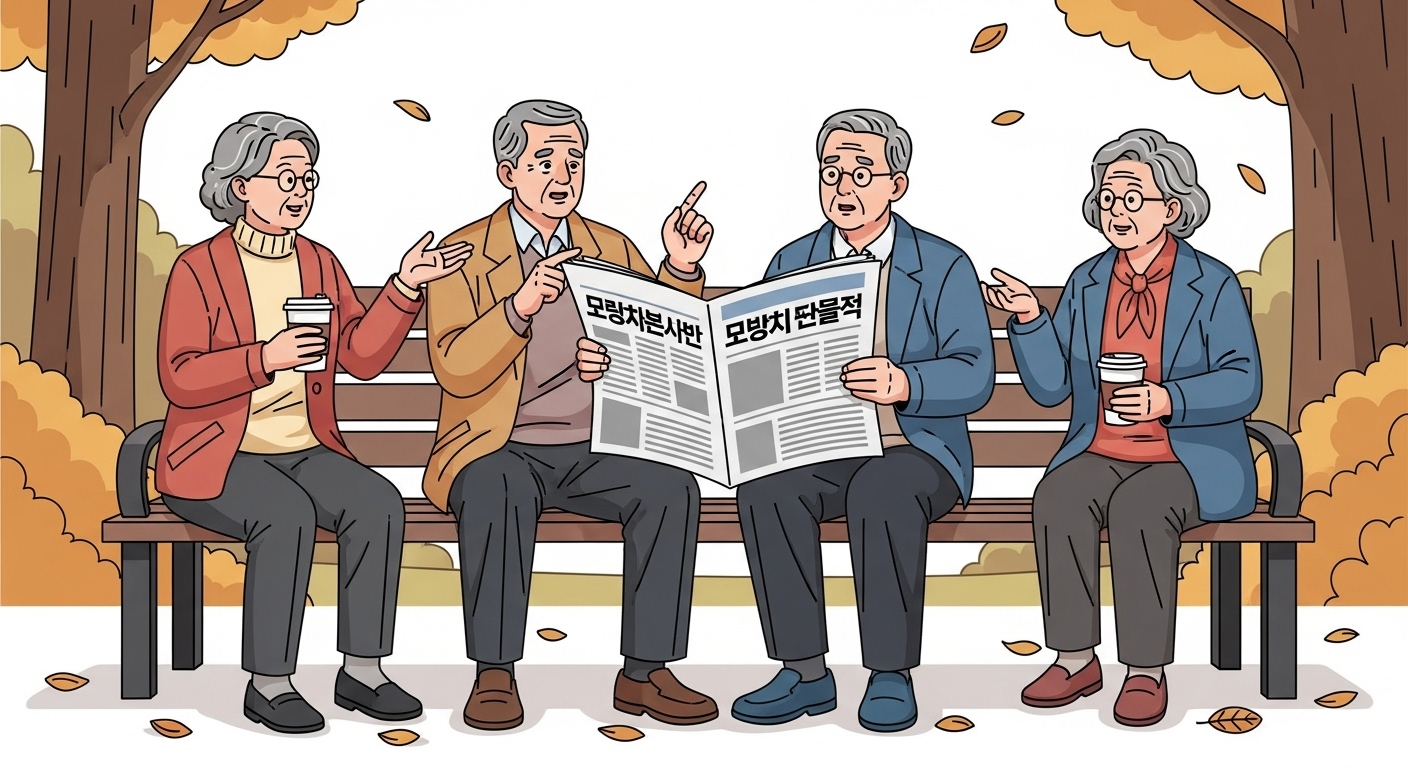 공원 벤치에서 신문과 커피를 앞에 두고 연금 수급 연령에 대해 이야기하는 고령자들