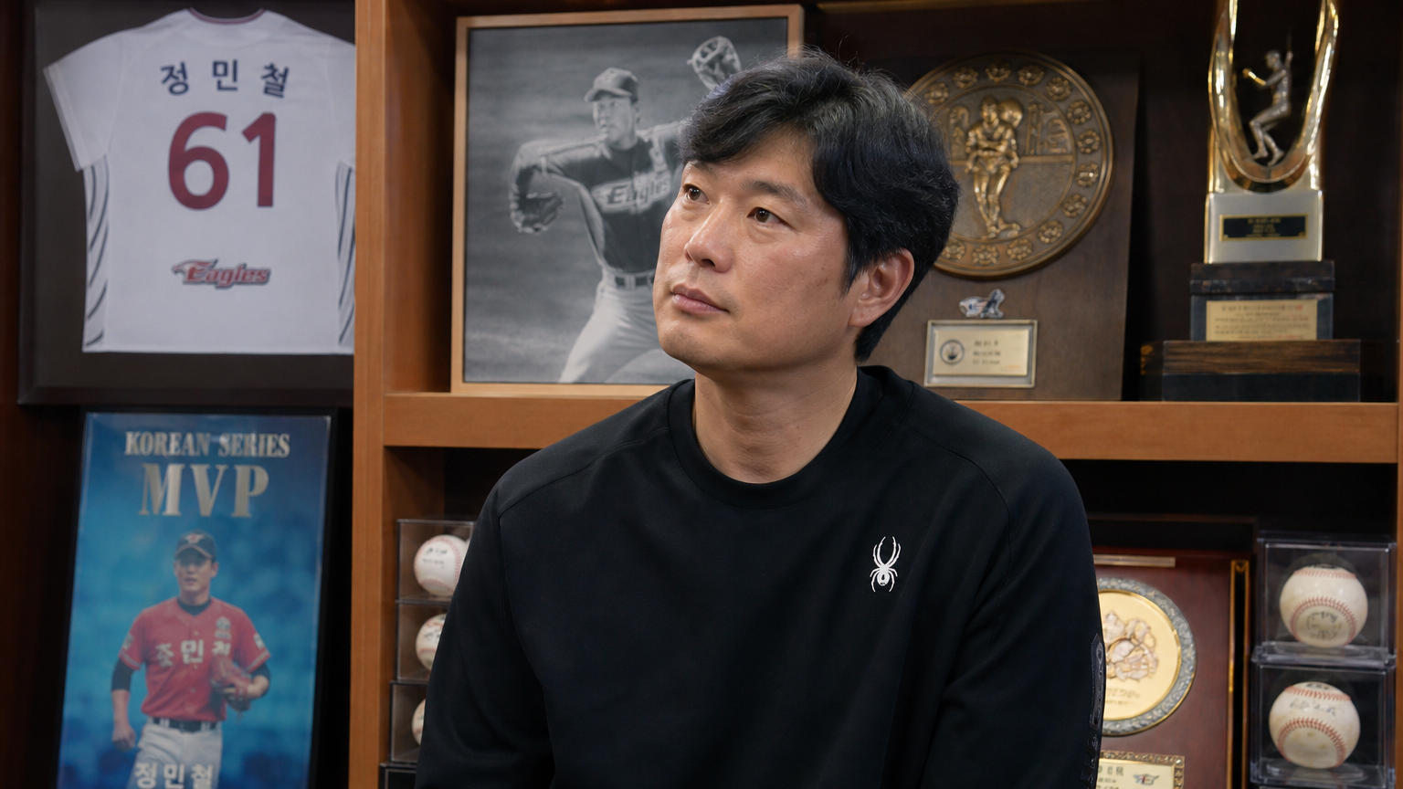 스포츠 기념품과 상패 앞에서 경력을 되돌아보는 노련한 투수