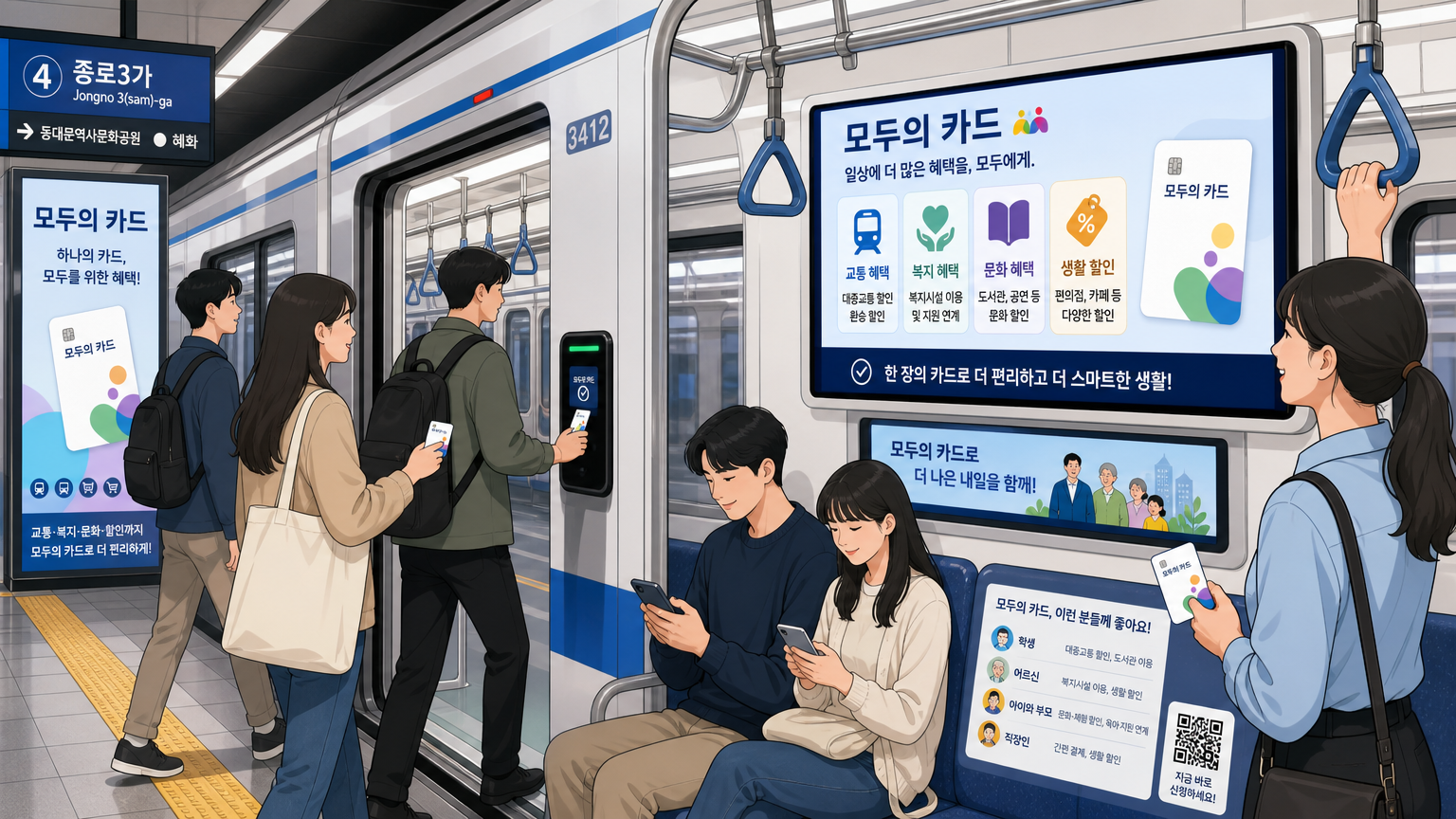 스마트카드를 사용하여 지하철에 탑승하는 한국인들의 모습