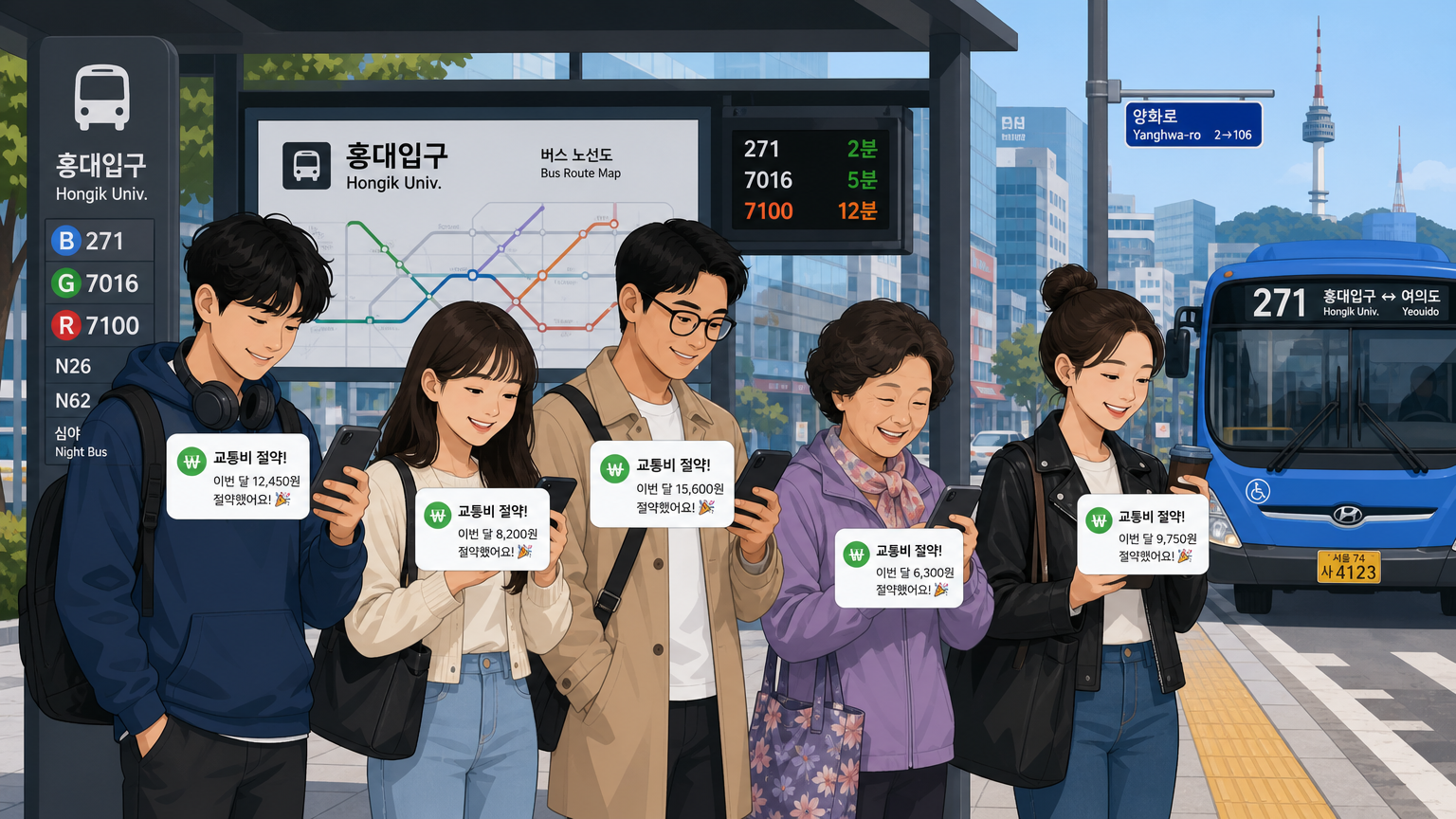 서울 버스 정류장에서 휴대폰으로 교통비 절감 알림을 확인하는 사람들