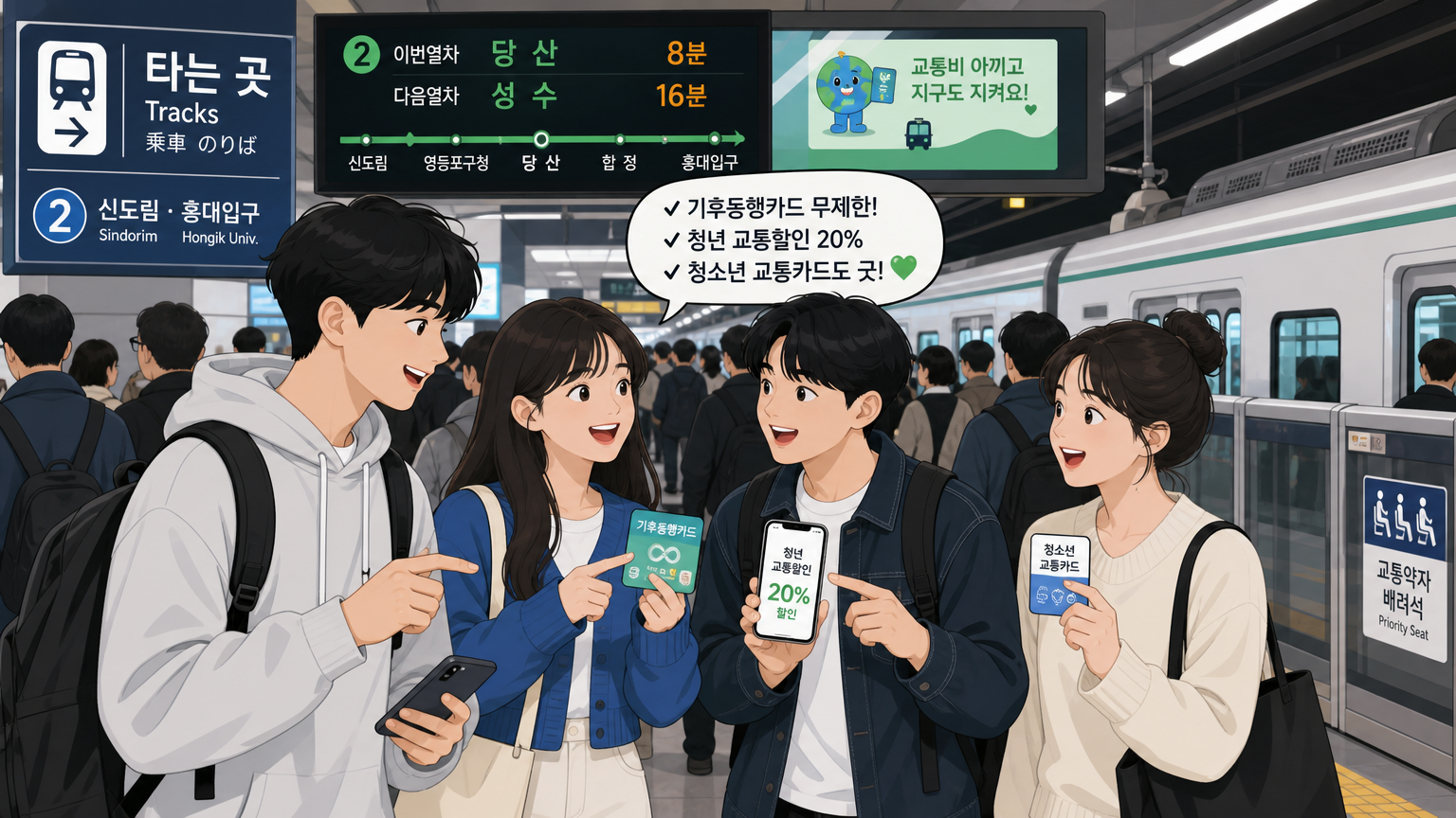 러시아워에 기차를 기다리며 교통 할인에 대해 이야기하는 젊은이들