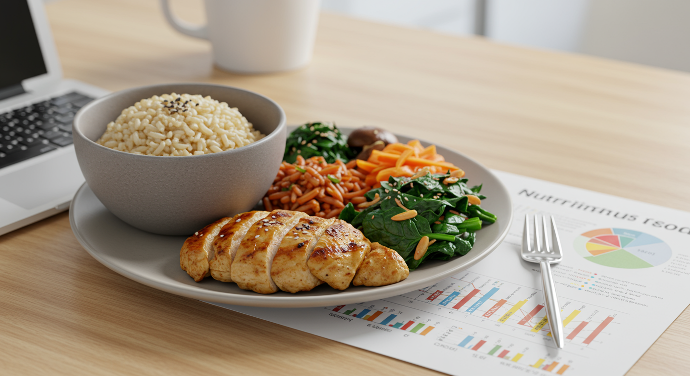 영양사 책상 위에 현미와 닭가슴살 등 건강한 음식과 영양소 차트가 놓인 장면