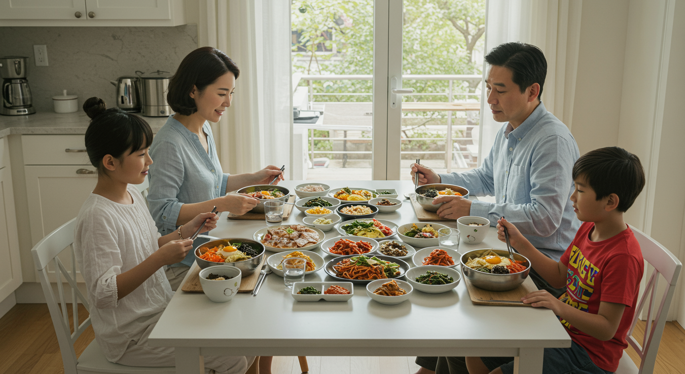 다양한 음식을 소량씩 나눠서 먹는 가족의 다이닝 테이블 모습