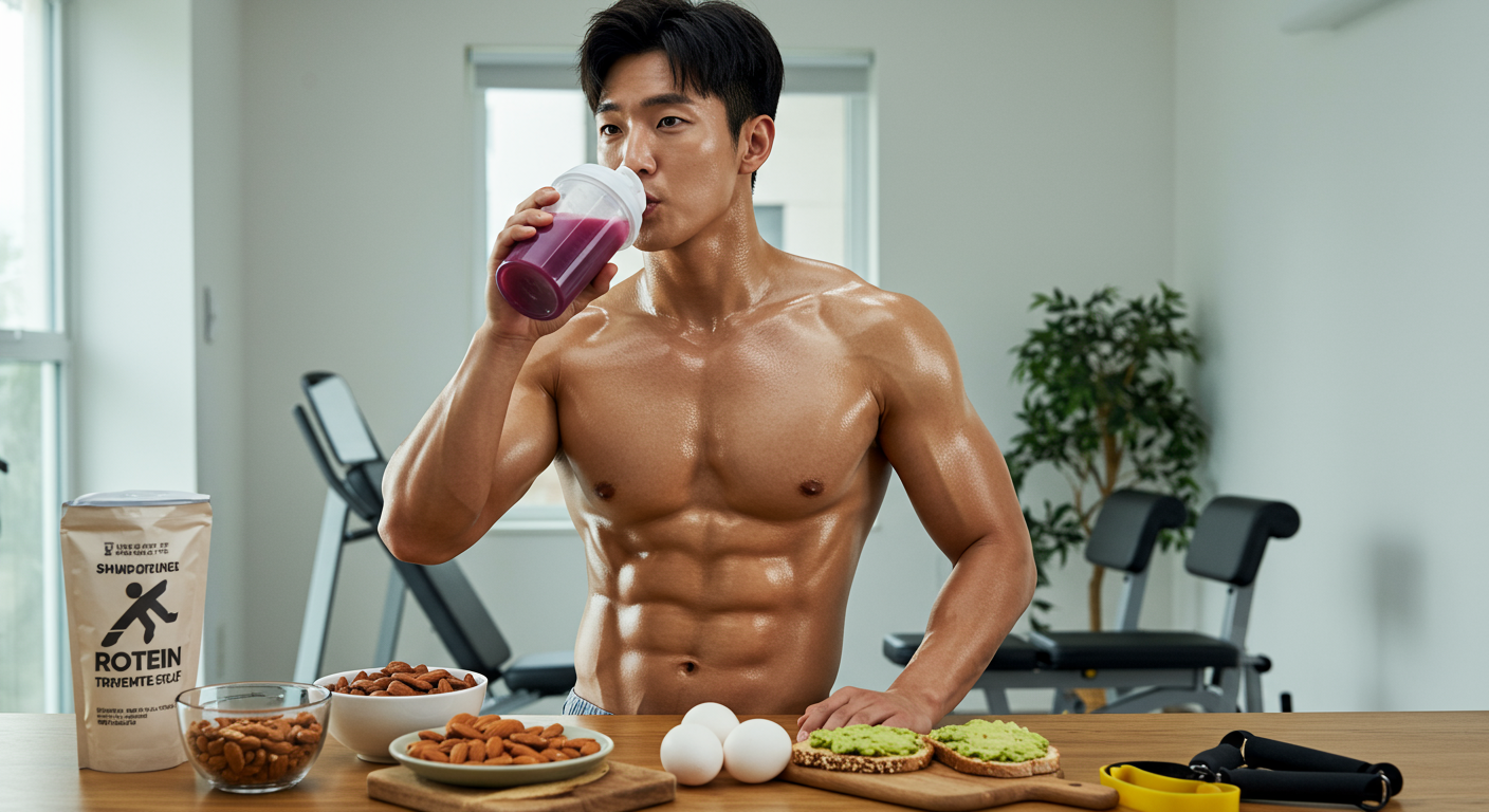 운동 후 단백질 쉐이크를 마시고 있는 한국 운동선수 모습