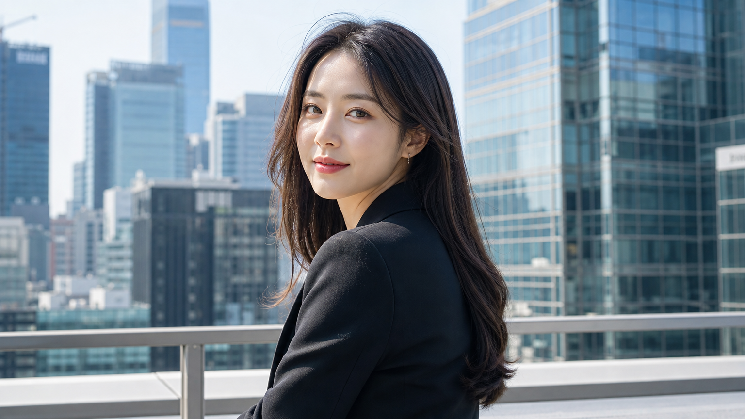 한국 여배우가 드라마 복귀를 준비하며 세련된 모습으로 도시 배경에 서 있는 장면