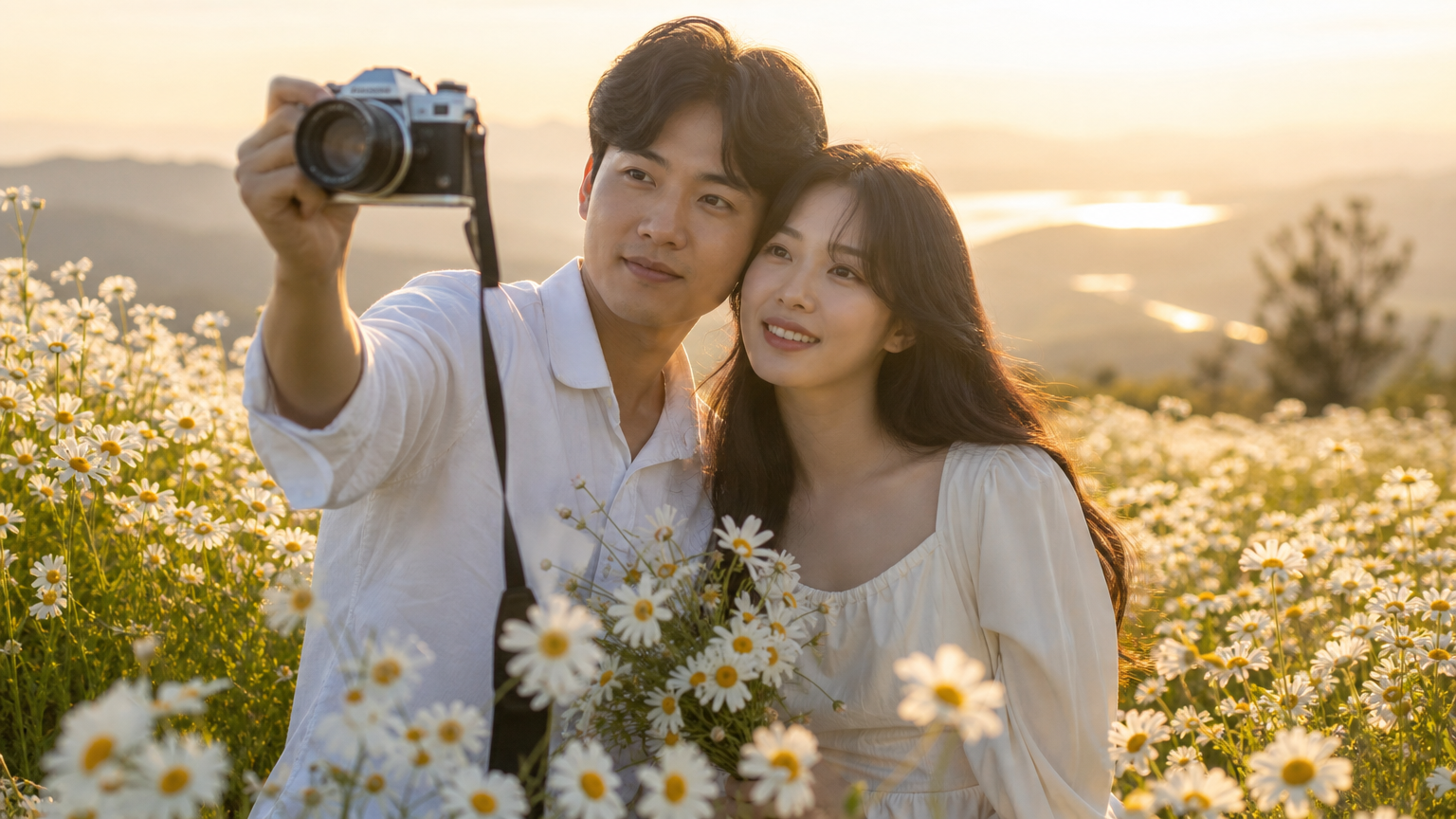 황금 시간대에 부드러운 빛으로 더욱 낭만적인 분위기를 연출하는 커플 사진 촬영