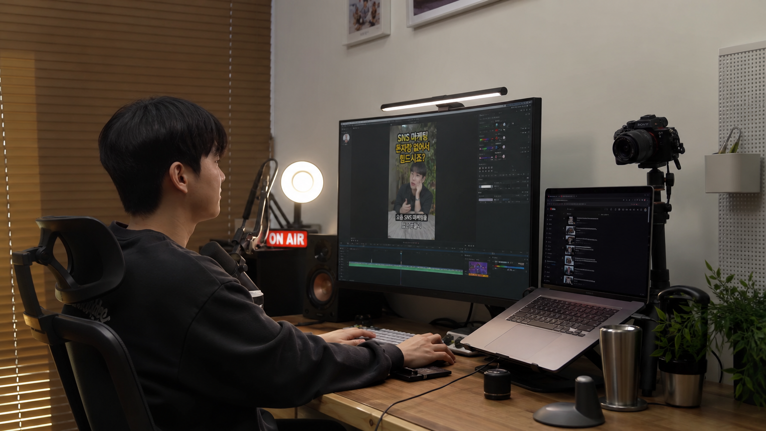 가정 스튜디오에서 유튜브 쇼츠 영상을 편집하는 젊은 콘텐츠 제작자의 모습